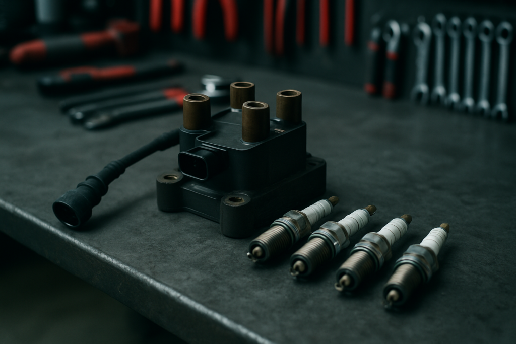 Peugeot 205 GTI ignition coil and spark plugs laid out on a workbench
