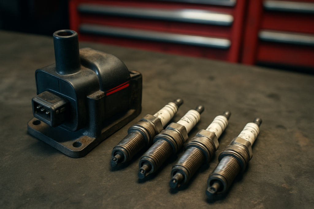 vintage Peugeot 205 GTI ignition coil and spark plugs laid out on a workbench