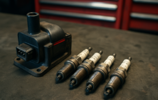 vintage Peugeot 205 GTI ignition coil and spark plugs laid out on a workbench