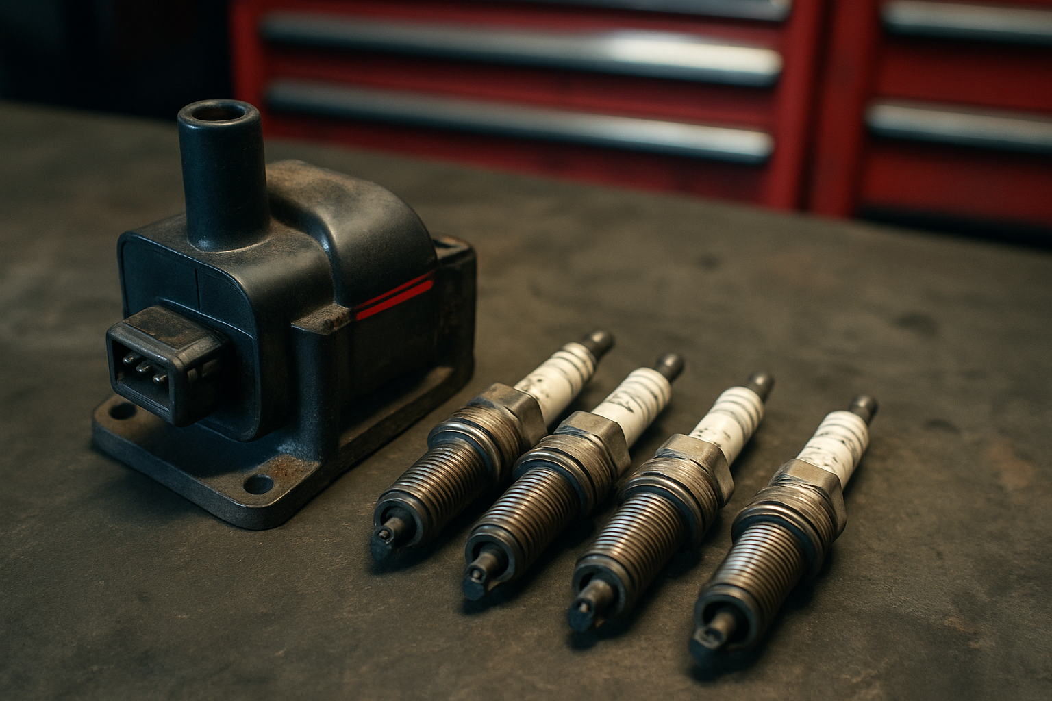 vintage Peugeot 205 GTI ignition coil and spark plugs laid out on a workbench
