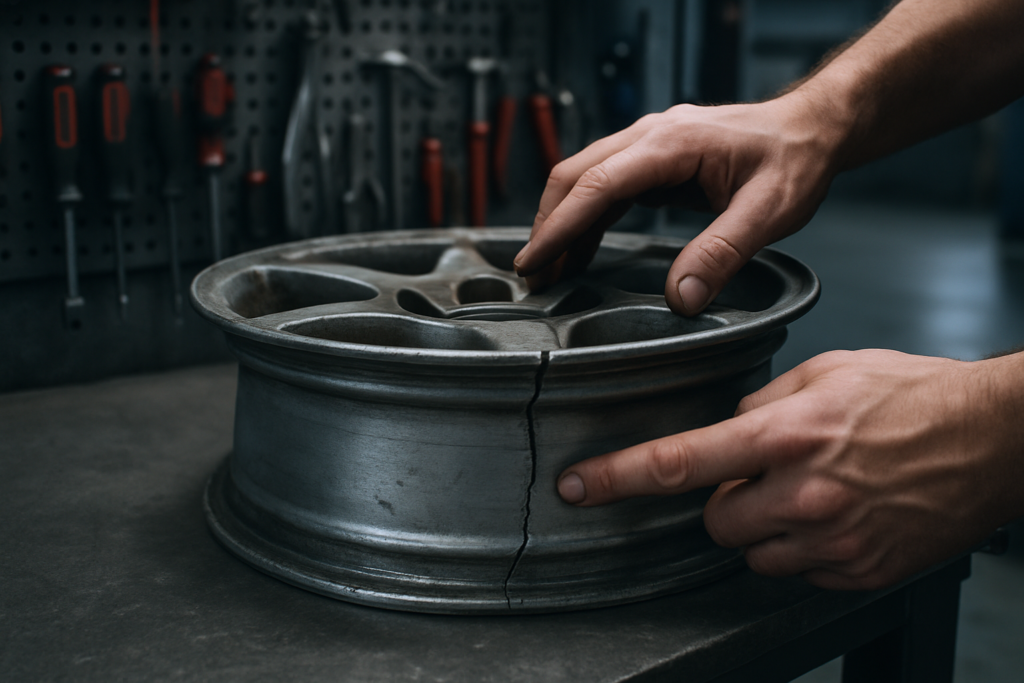 cracked alloy wheel rim being inspected on a workbench