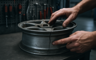 cracked alloy wheel rim being inspected on a workbench