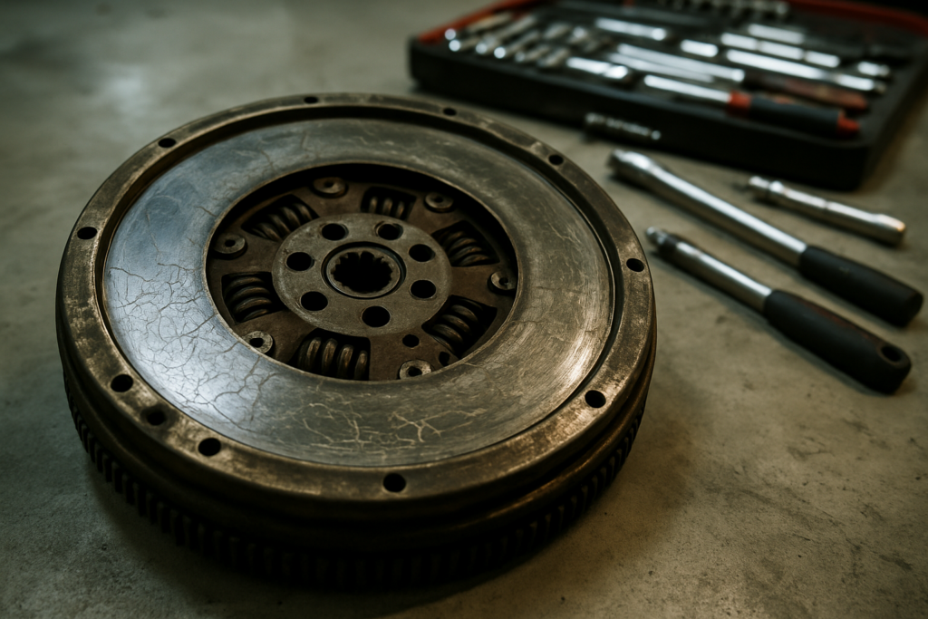 worn dual-mass flywheel LuK removed from a BMW E90