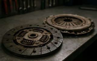worn Sachs clutch disc and pressure plate from a Volkswagen Golf 7 1.4 TSI laid on a workbench