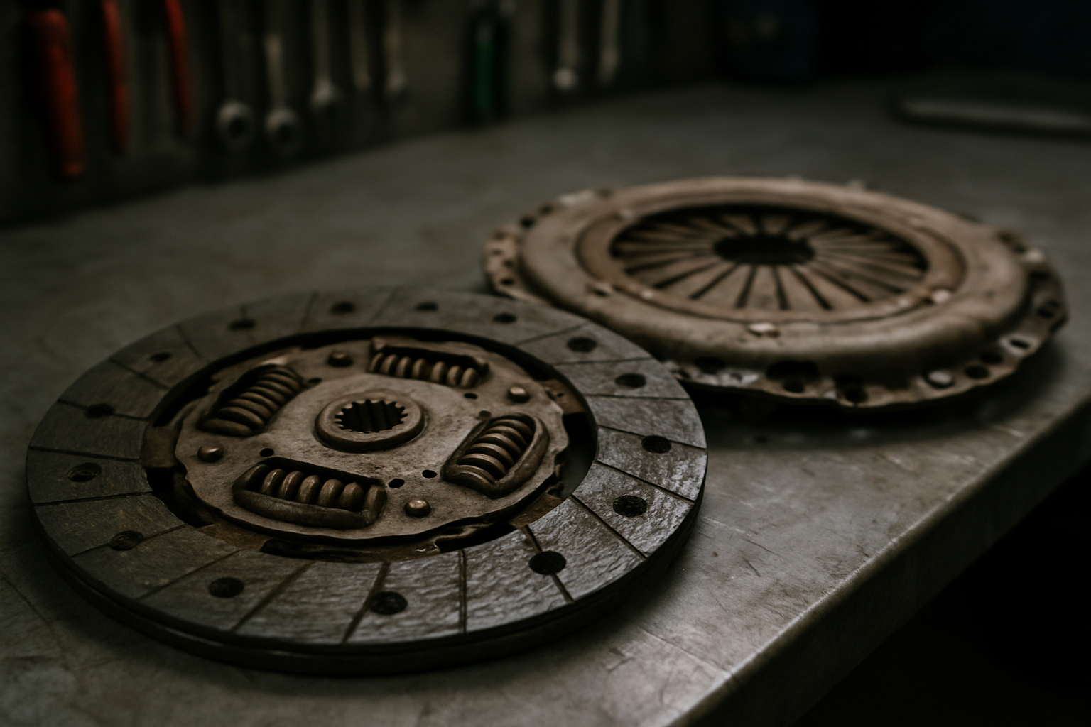 worn Sachs clutch disc and pressure plate from a Volkswagen Golf 7 1.4 TSI laid on a workbench