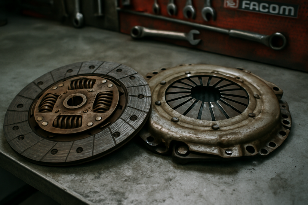 worn clutch disc and pressure plate from a Mercedes A-Class W176 with Getrag manual gearbox laid on a workbench