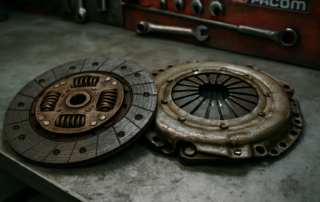 worn clutch disc and pressure plate from a Mercedes A-Class W176 with Getrag manual gearbox laid on a workbench