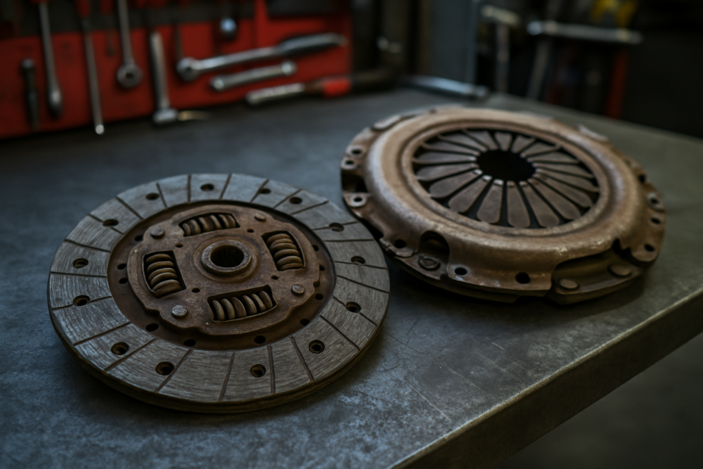 worn LuK clutch disc and pressure plate from a Nissan Qashqai laid on a workbench