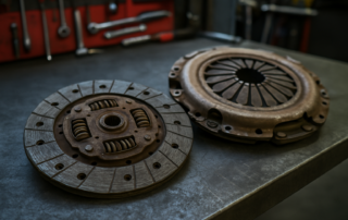 worn LuK clutch disc and pressure plate from a Nissan Qashqai laid on a workbench