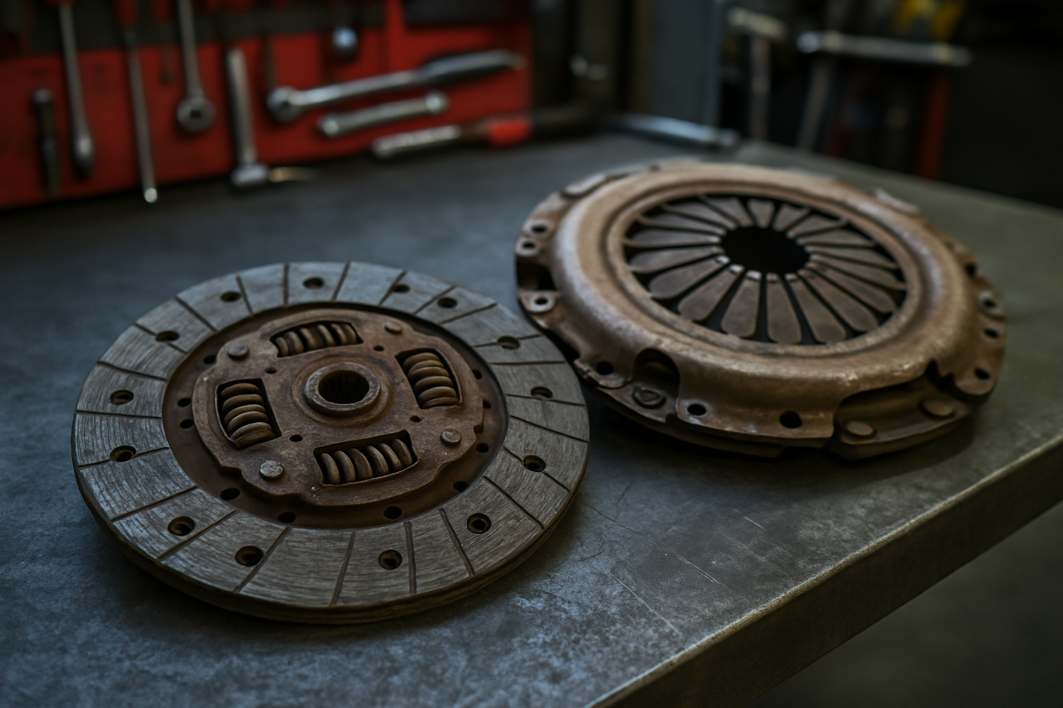 worn LuK clutch disc and pressure plate from a Nissan Qashqai laid on a workbench