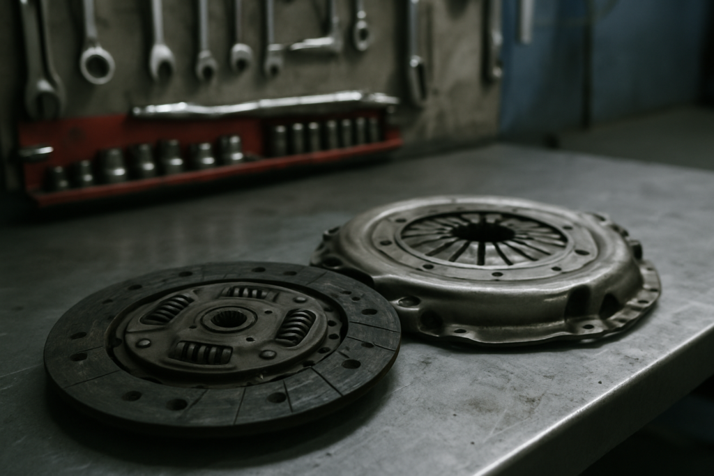 worn clutch disc and pressure plate from a Fiat 500 TwinAir Dualogic gearbox laid on a workbench