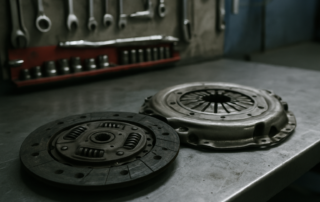 worn clutch disc and pressure plate from a Fiat 500 TwinAir Dualogic gearbox laid on a workbench