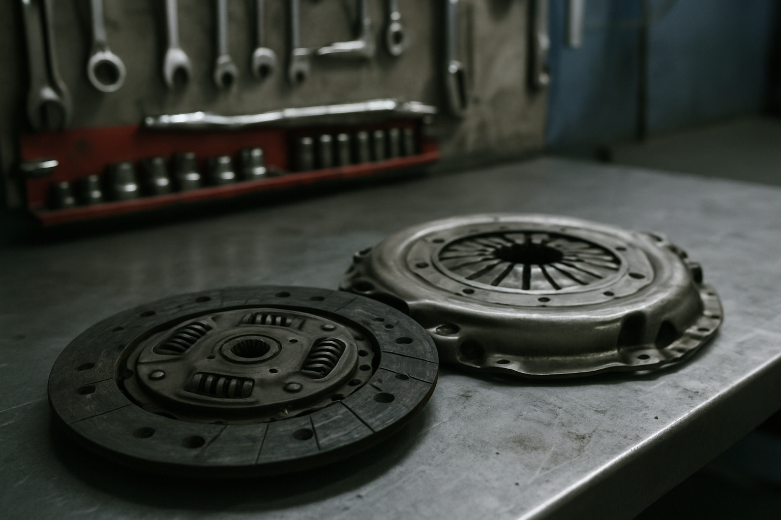 worn clutch disc and pressure plate from a Fiat 500 TwinAir Dualogic gearbox laid on a workbench