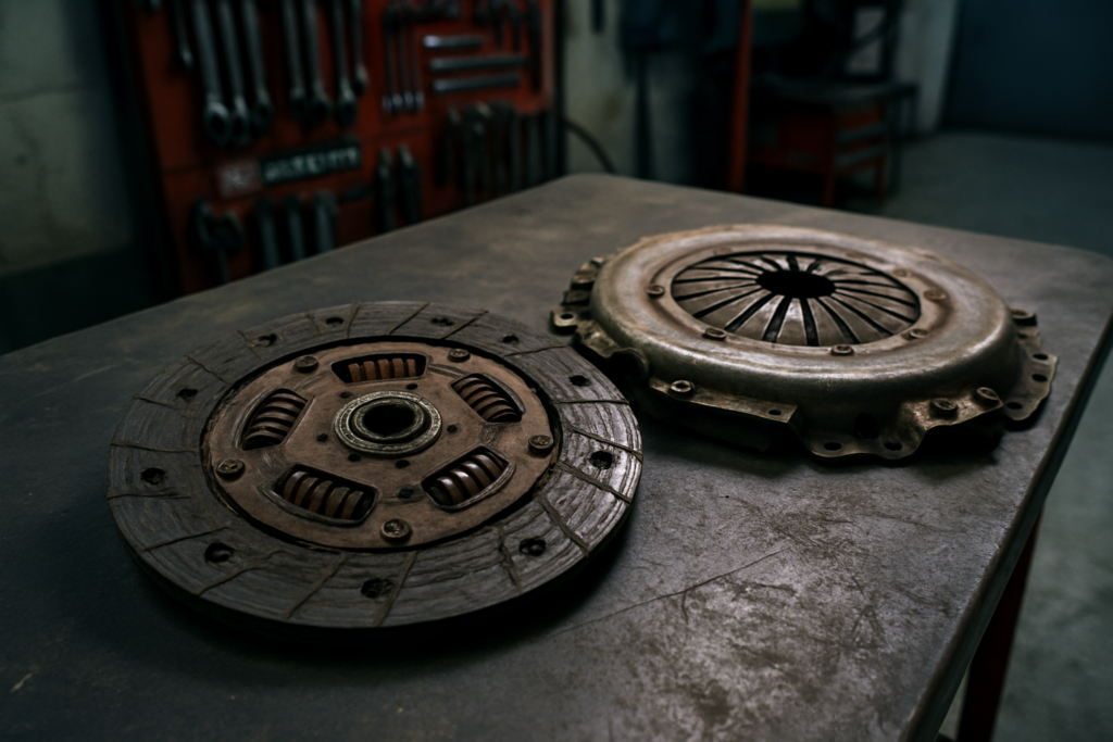 worn clutch disc and pressure plate from a Dacia Duster 1.5 dCi laid on a workbench