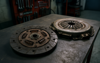worn clutch disc and pressure plate from a Dacia Duster 1.5 dCi laid on a workbench