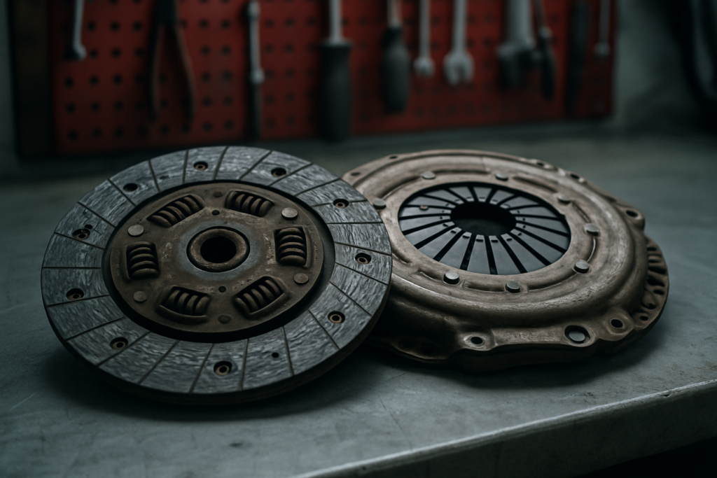 worn clutch disc and pressure plate from a Nissan NV300 1.6 dCi laid on a workbench