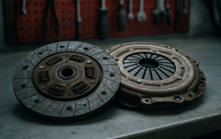 worn clutch disc and pressure plate from a Nissan NV300 1.6 dCi laid on a workbench