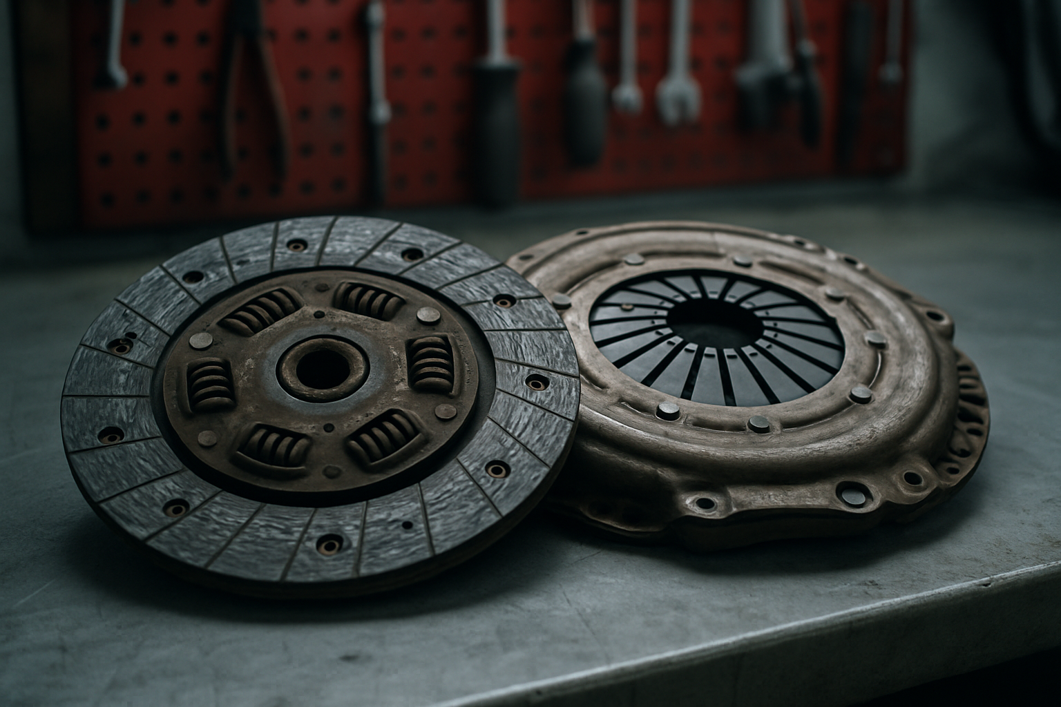 worn clutch disc and pressure plate from a Nissan NV300 1.6 dCi laid on a workbench
