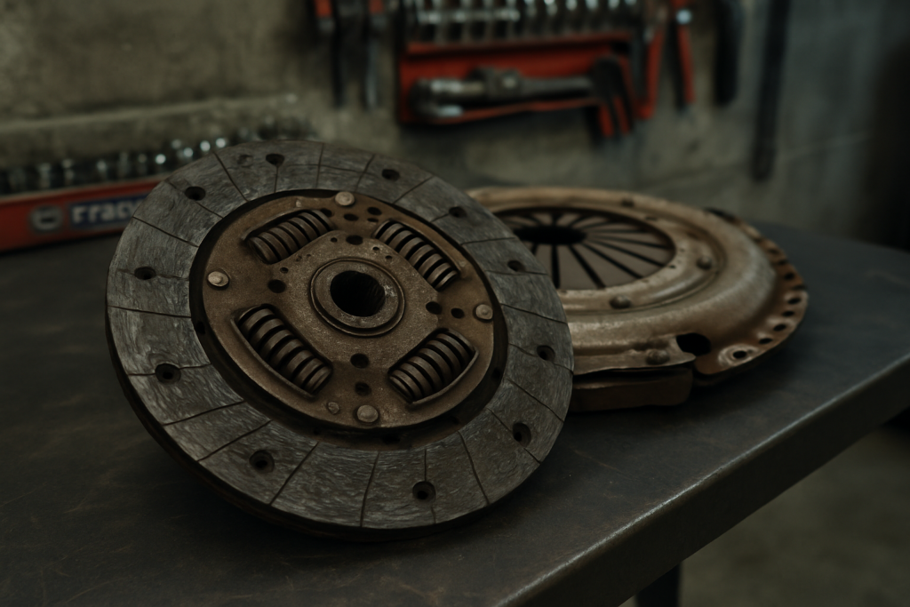 worn Valeo clutch disc and pressure plate from a Citroën Jumper 2.2 HDi laid on a workbench