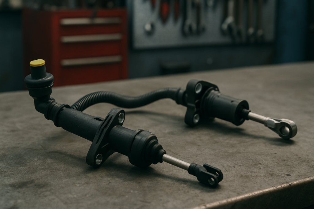 hydraulic clutch master cylinder and slave cylinder from a Renault Kangoo II 1.6 16V laid on a workbench
