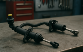 hydraulic clutch master cylinder and slave cylinder from a Renault Kangoo II 1.6 16V laid on a workbench