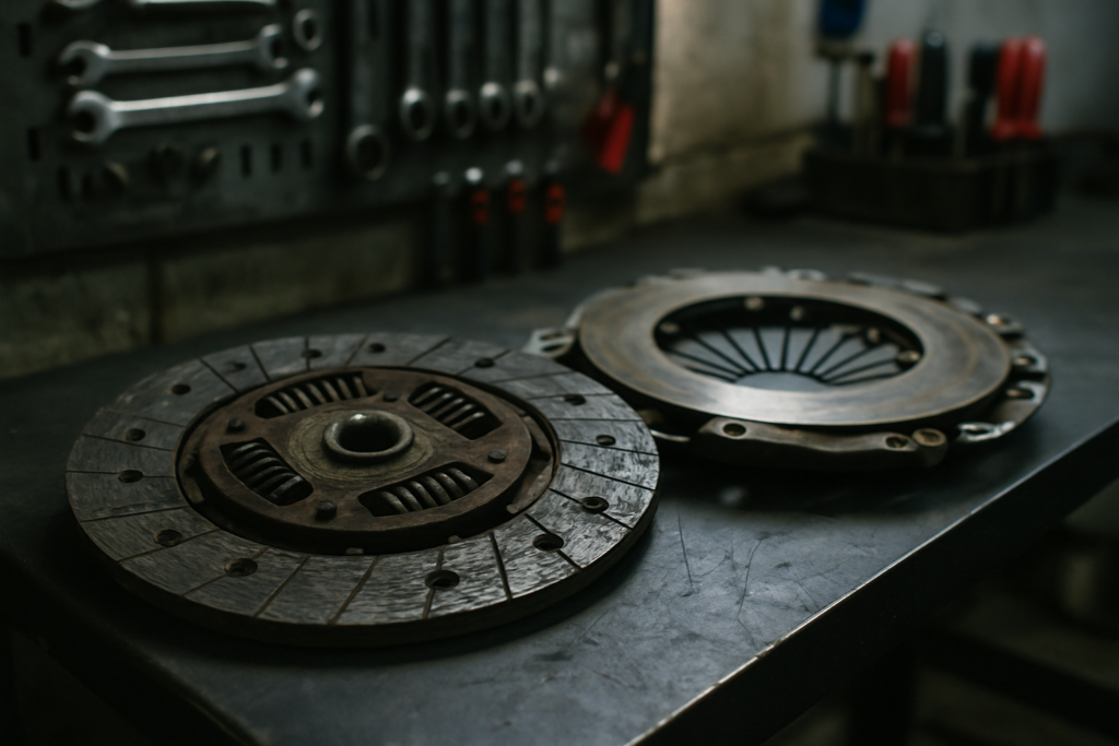 worn clutch disc and pressure plate from a Renault Kangoo II utility van laid on a workbench