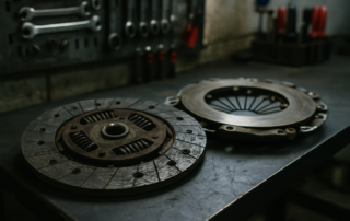 worn clutch disc and pressure plate from a Renault Kangoo II utility van laid on a workbench