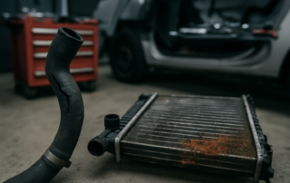 cracked coolant hose and corroded radiator removed from a Renault Kangoo II engine bay