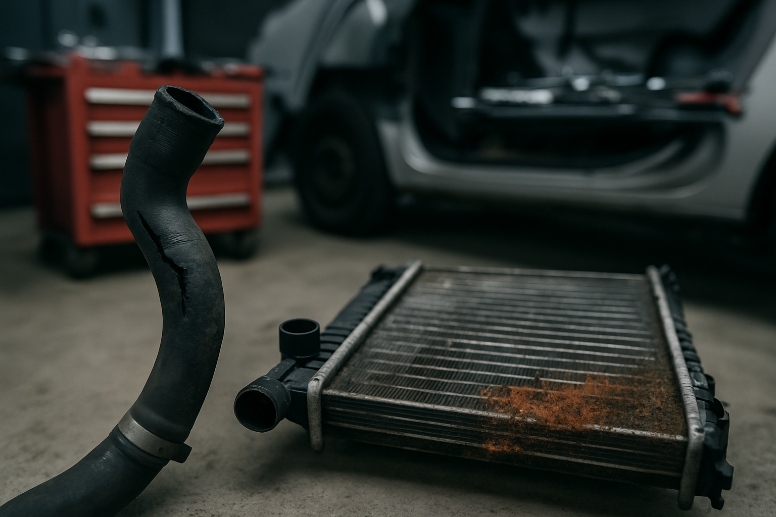 cracked coolant hose and corroded radiator removed from a Renault Kangoo II engine bay