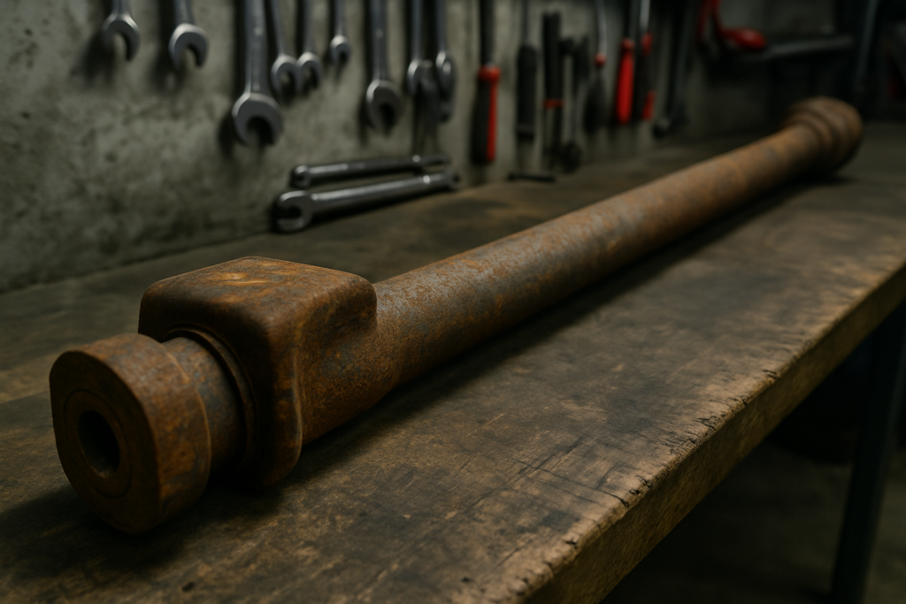 rear torsion bar from a Renault Kangoo II removed and laid on a workbench
