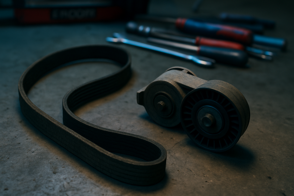 worn serpentine belt and tensioner pulley from a Renault Kangoo II engine