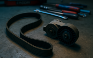 worn serpentine belt and tensioner pulley from a Renault Kangoo II engine