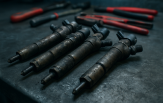 dirty diesel fuel injectors from a Renault Kangoo II engine laid on a workbench