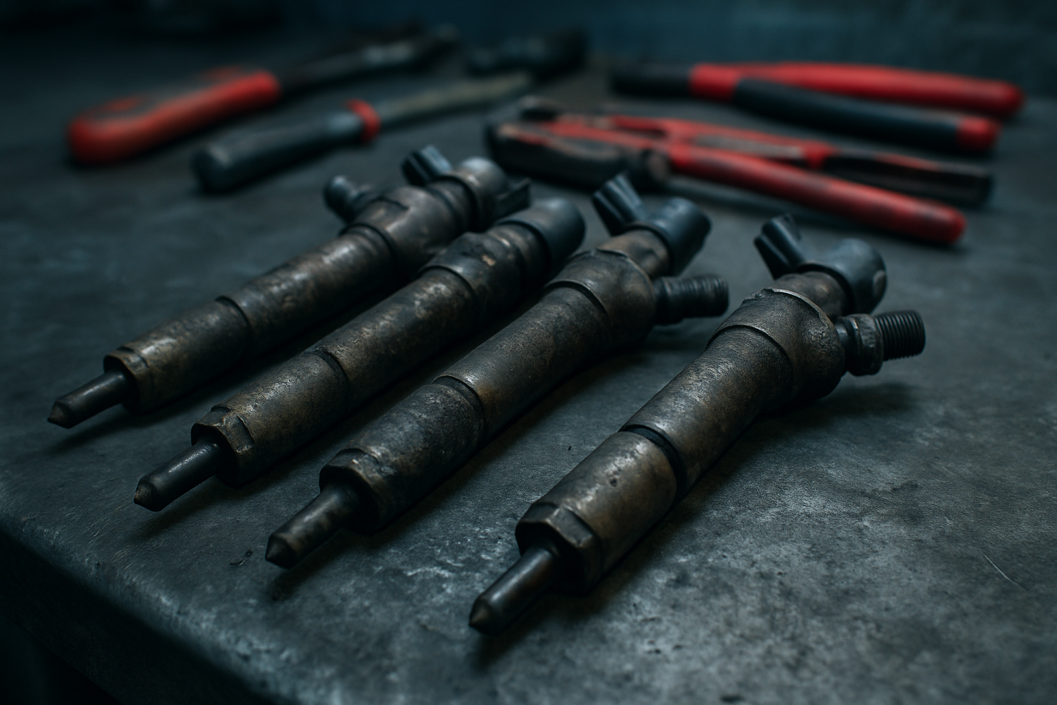 dirty diesel fuel injectors from a Renault Kangoo II engine laid on a workbench