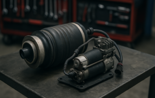 Jaguar XJ air suspension air bag and compressor assembly on a workbench