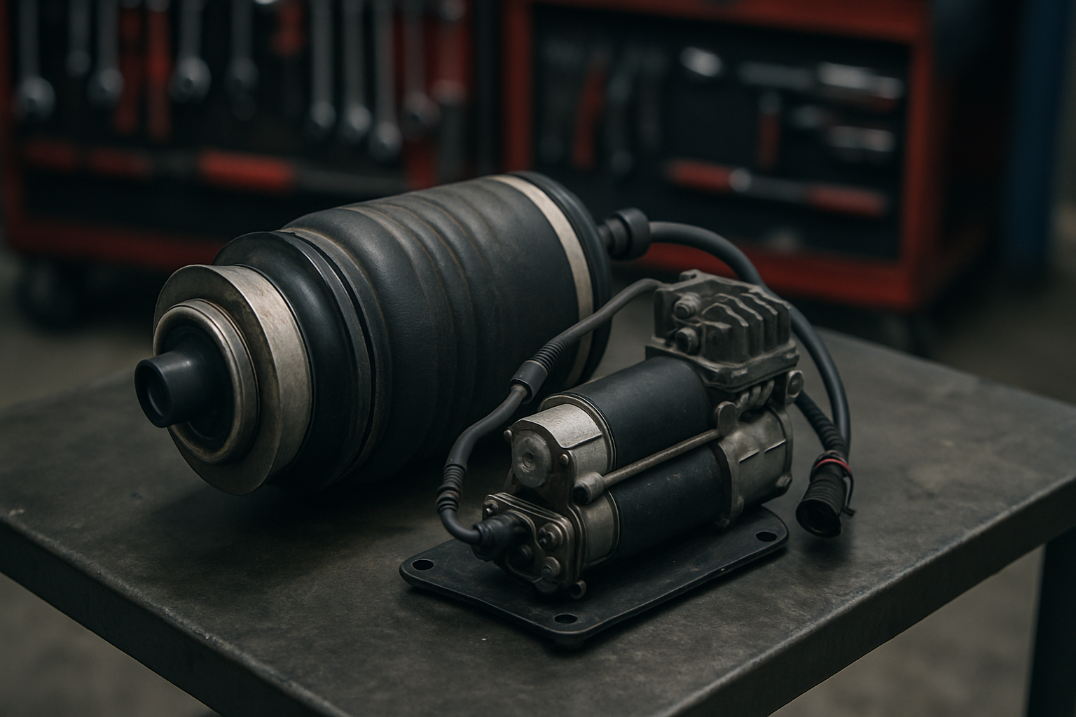 Jaguar XJ air suspension air bag and compressor assembly on a workbench