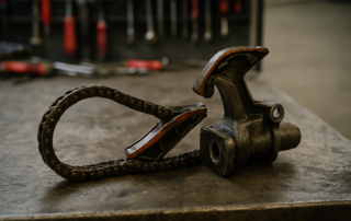 worn timing chain and tensioner from a Jaguar AJ-V6 engine laid on a workbench