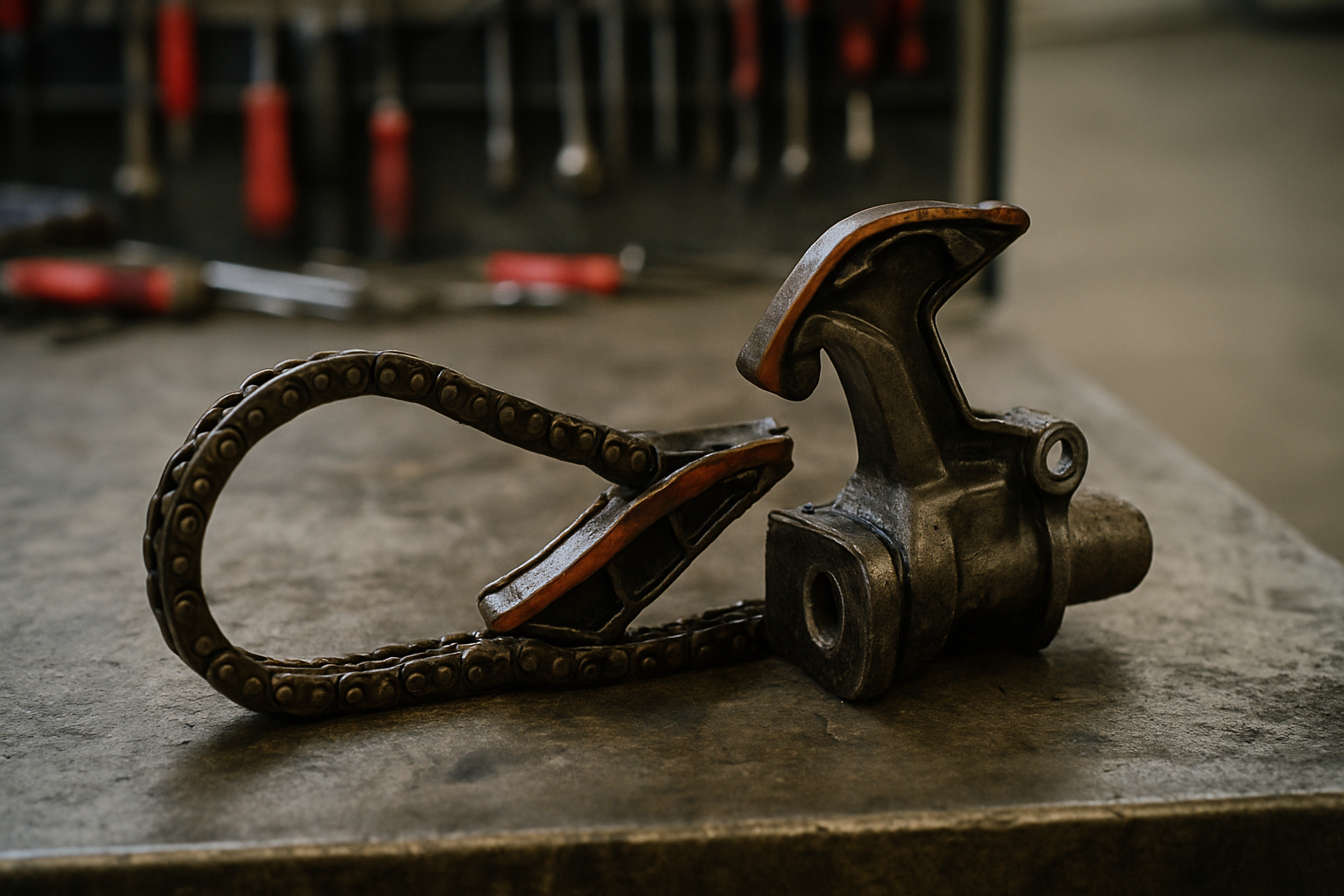 worn timing chain and tensioner from a Jaguar AJ-V6 engine laid on a workbench