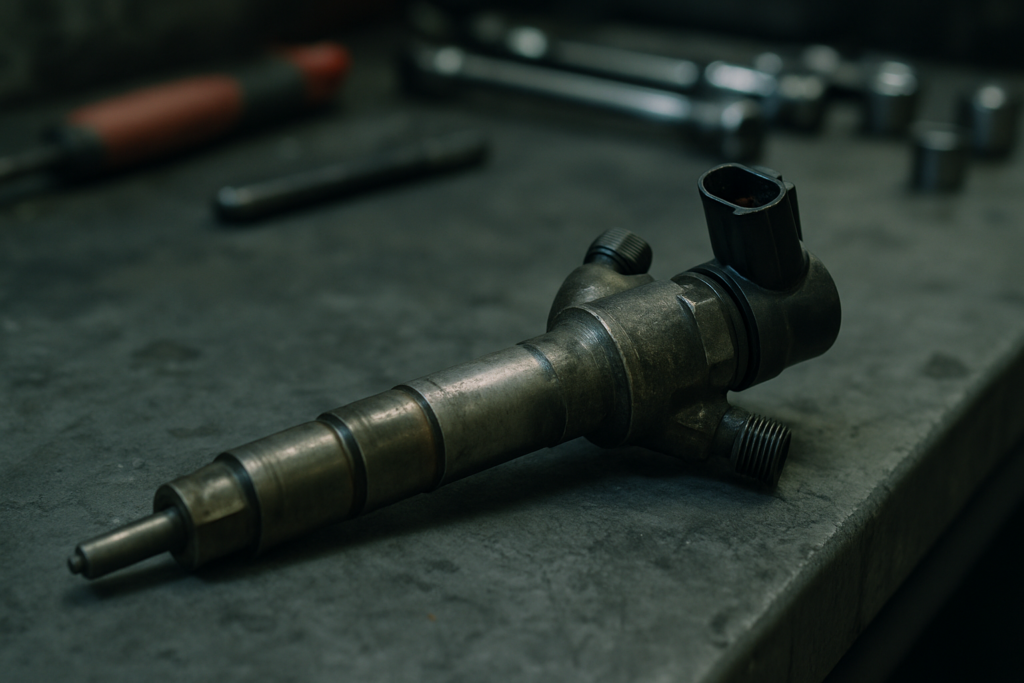 worn common-rail diesel injector from a Jaguar Ingenium engine laid on a workbench