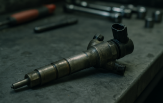 worn common-rail diesel injector from a Jaguar Ingenium engine laid on a workbench
