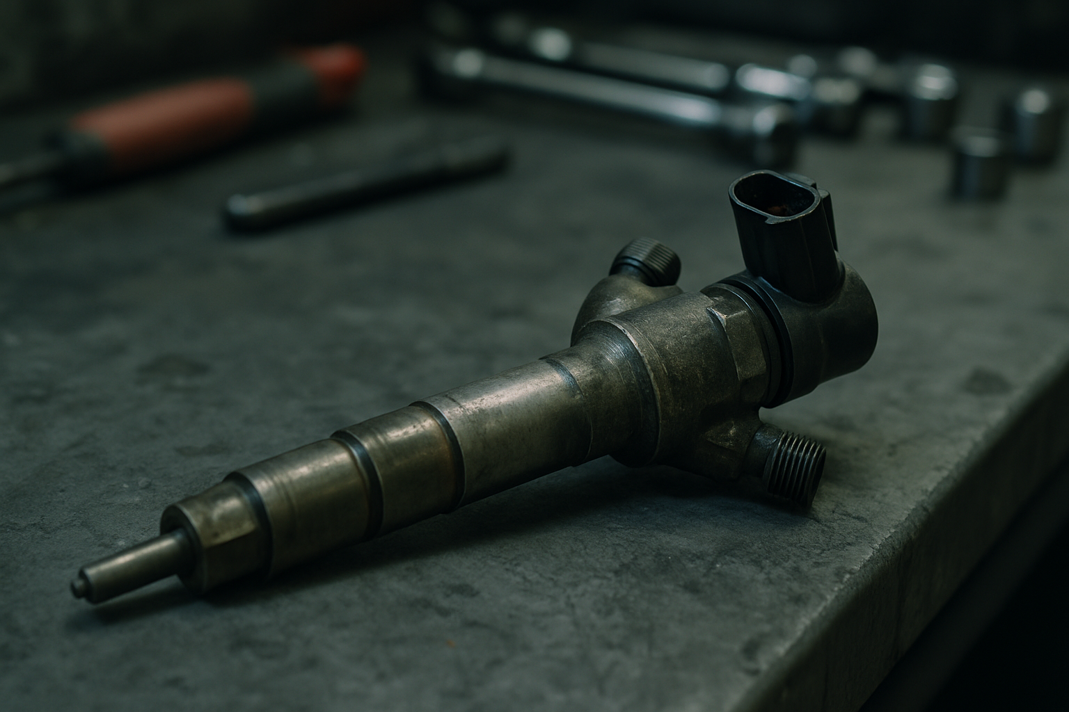 worn common-rail diesel injector from a Jaguar Ingenium engine laid on a workbench