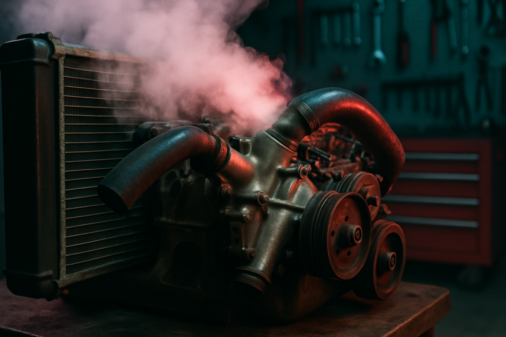 overheating V8 engine cooling system with radiator hose and water pump on a workbench