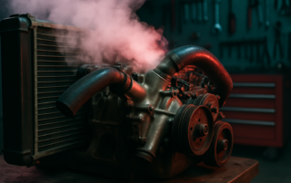 overheating V8 engine cooling system with radiator hose and water pump on a workbench