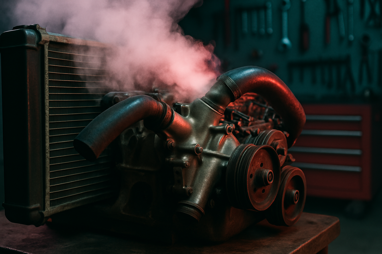overheating V8 engine cooling system with radiator hose and water pump on a workbench