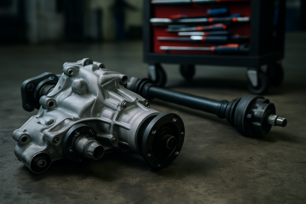Jaguar F-Pace AWD transfer case and driveshaft assembly removed on a workshop floor