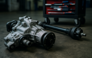 Jaguar F-Pace AWD transfer case and driveshaft assembly removed on a workshop floor