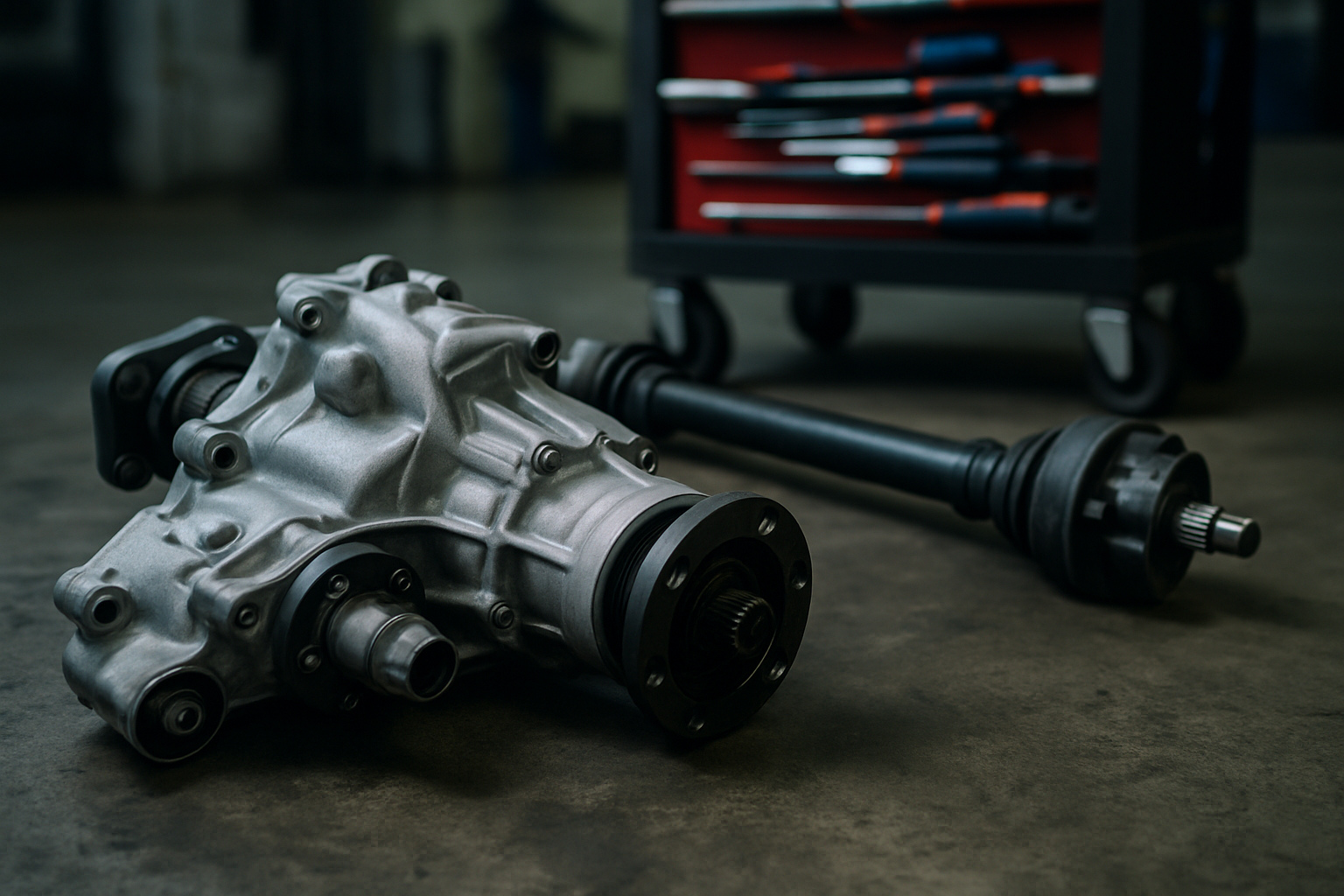 Jaguar F-Pace AWD transfer case and driveshaft assembly removed on a workshop floor