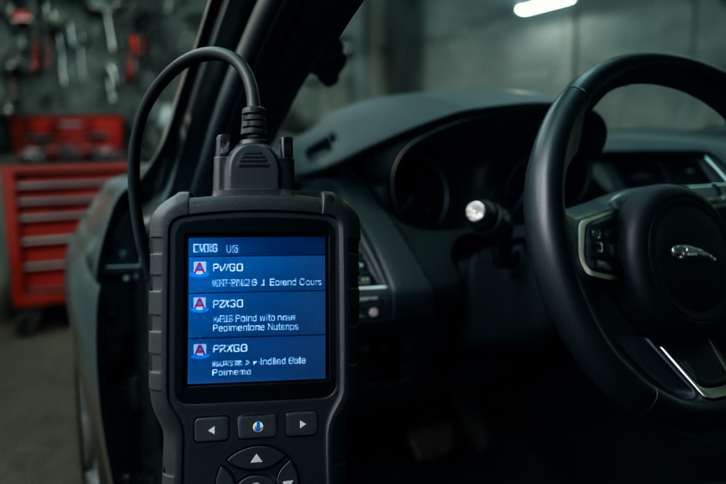 OBD diagnostic tool connected to a Jaguar E-Pace dashboard port showing error codes on screen