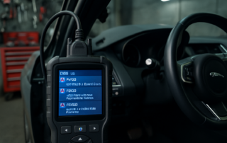 OBD diagnostic tool connected to a Jaguar E-Pace dashboard port showing error codes on screen