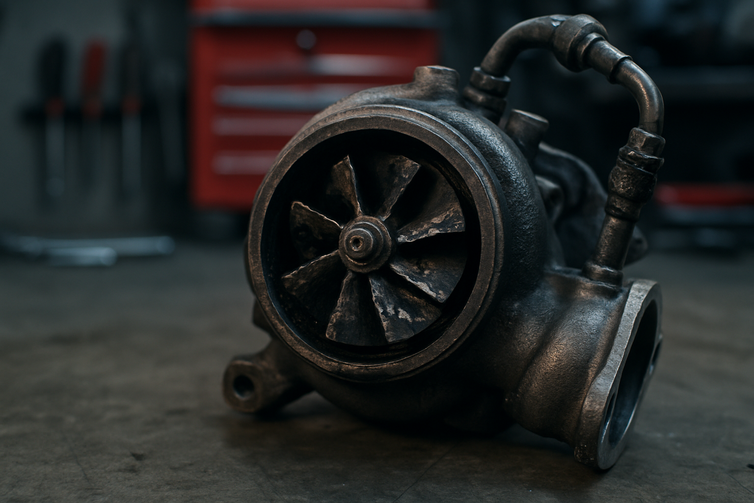 damaged turbocharger from a Jaguar XE 2.0L Ingenium engine